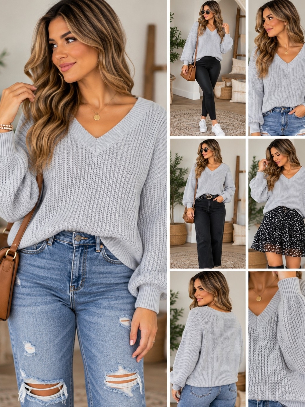 SHEIN Light Gray V-Neck Ribbed Knit Sweater